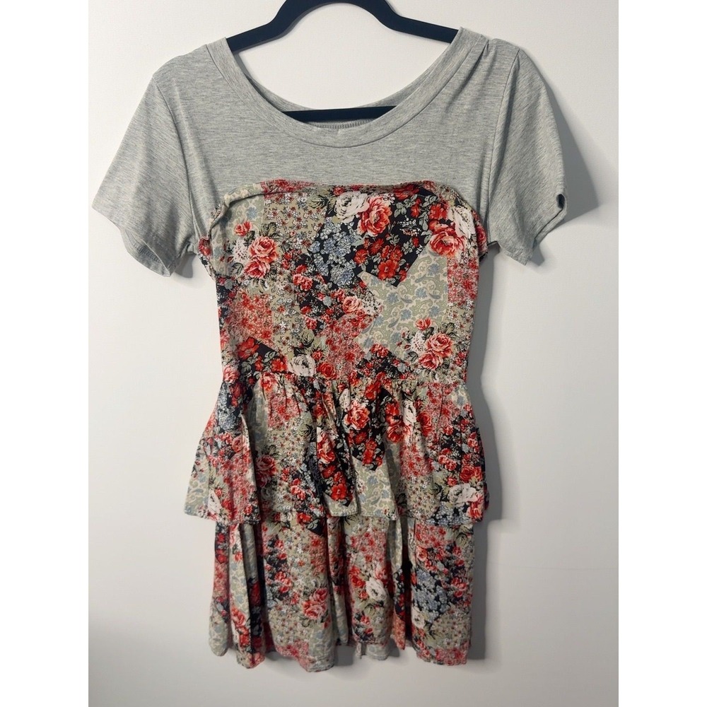Gray and floral patchwork Cottage Core Mini Corset-style Dress